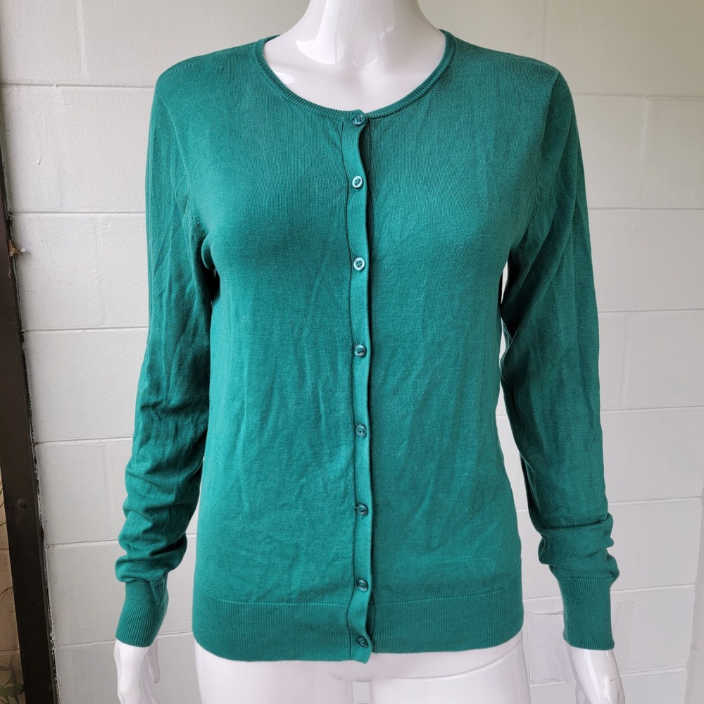 August Silk Teal Green Front-Button Cardigan Women M Y2K Retro Minimalist Preppy